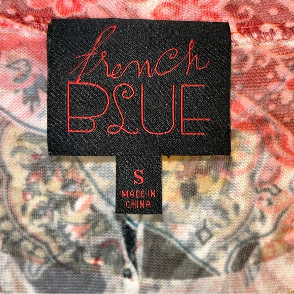 French Blue Top Size S Paisley Geometric Beaded Multicolor 3/4 Sleeve Semi-sheer - Picture 3 of 9